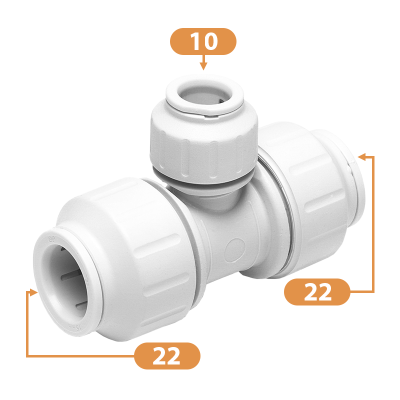 JG Speedfit White Plastic Reducing Tee - 22mm x 22mm x 10mm Diagram