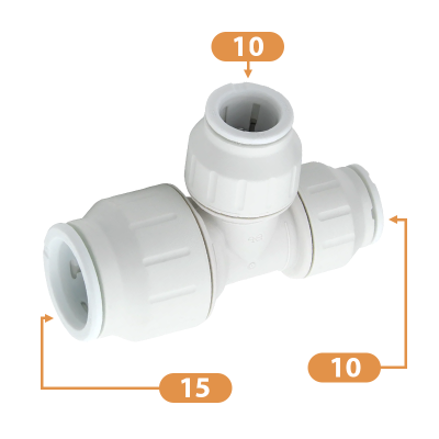 JG Speedfit White Plastic Reducing Tee - 15mm x 10mm x 10mm Diagram