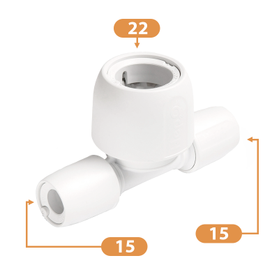 Hep2O Plastic Push-Fit Double End Reduced Tee Fitting - 15mm x 15mm x 22mm Diagram