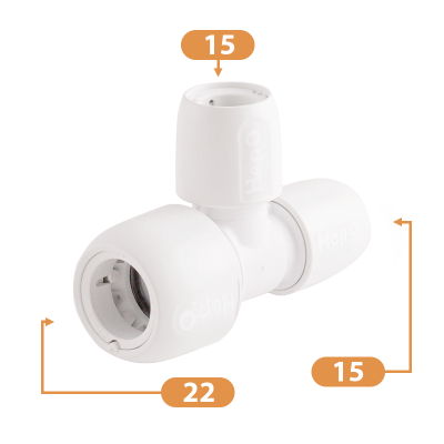 Hep2O Plastic Push-Fit Reduced Tee Fitting - 22mm x 15mm x 15mm Diagram