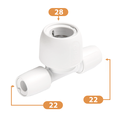 Hep2O Plastic Push-Fit Double End Reduced Tee Fitting - 22mm x 22mm x 28mm Diagram