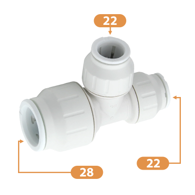 JG Speedfit White Plastic Reducing Tee - 28mm x 22mm x 22mm Diagram