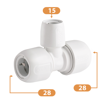 Hep2O Plastic Push-Fit Double End Reduced Tee Fitting - 28mm x 28mm x 15mm Diagram