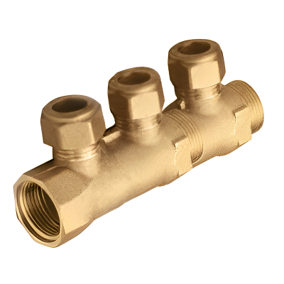 Brass 3 Way Linear Manifold - 3:4 BSP x 15mm Left