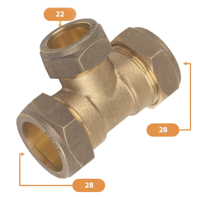 Brass Compression Reducing Tee - 22mm x 22mm x 28mm Sizing