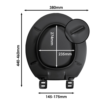 Celmac Emerald Black Toilet Seat & Cover With Plastic Hinges Sizing