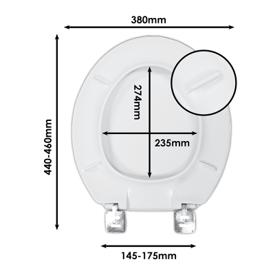 Celmac Emerald White Toilet Seat & Cover With Chrome Hinges Sizing