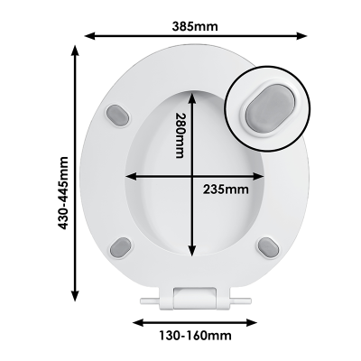 Celmac Sonata White Toilet Seat & Cover With Plastic Hinges Sizing