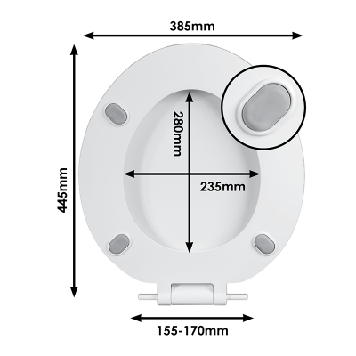 Celmac Sonata White Toilet Seat & Cover With Stainless Steel Hinges Sizing