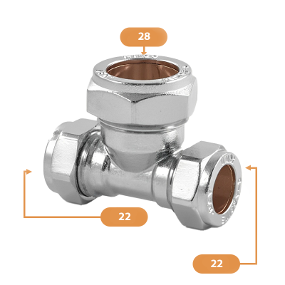 Chrome Compression Reducing Tee - 22mm x 22mm x 28mm Sizing