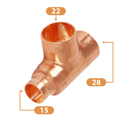 Copper End Feed Reducing Tee - 28mm x 15mm x 22mm Sizing