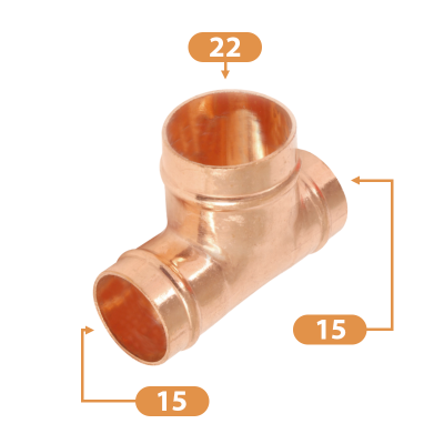 Copper Solder Ring Reducing Tee - 15mm x 15mm x 22mm Sizing