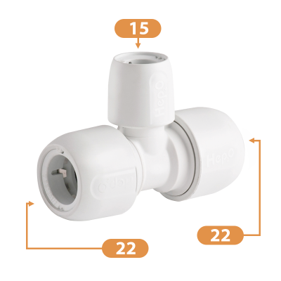 Hep2O Plastic Push-Fit Double End Reduced Tee Fitting - 22mm x 22mm x 15mm Diagram