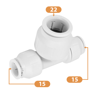 JG Speedfit White Plastic Reducing Tee - 15mm x 15mm x 22mm Diagram