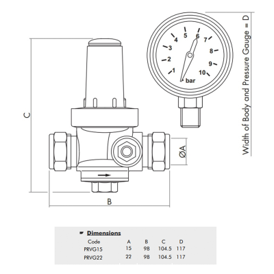 Inta Pressure Reducing Valve with Gauge - 15:22mm Drawing