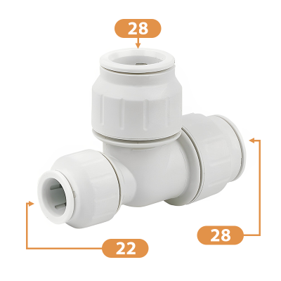 JG Speedfit White Plastic Reducing Tee - 28mm x 22mm x 28mm Diagram