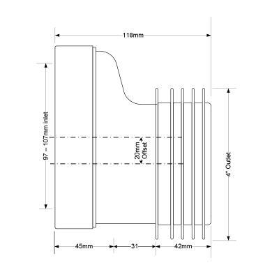 McAlpine WC-CON4 20mm Offset Rigid WC Connector - 110mm Drawing