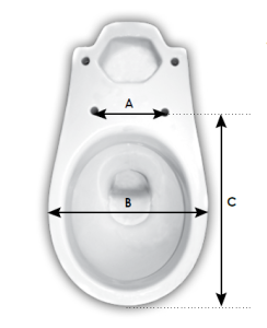 Birdseye view of a toilet with arrows to show dimensions of how to measure a toilet seat